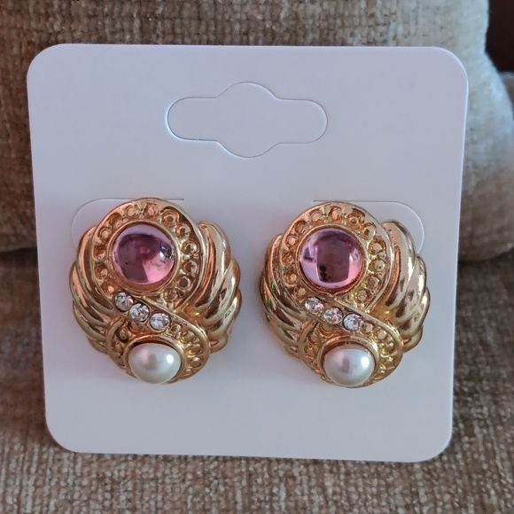 Gold Tone Faux Stone Pearl Post Earrings - Picture 5 of 7